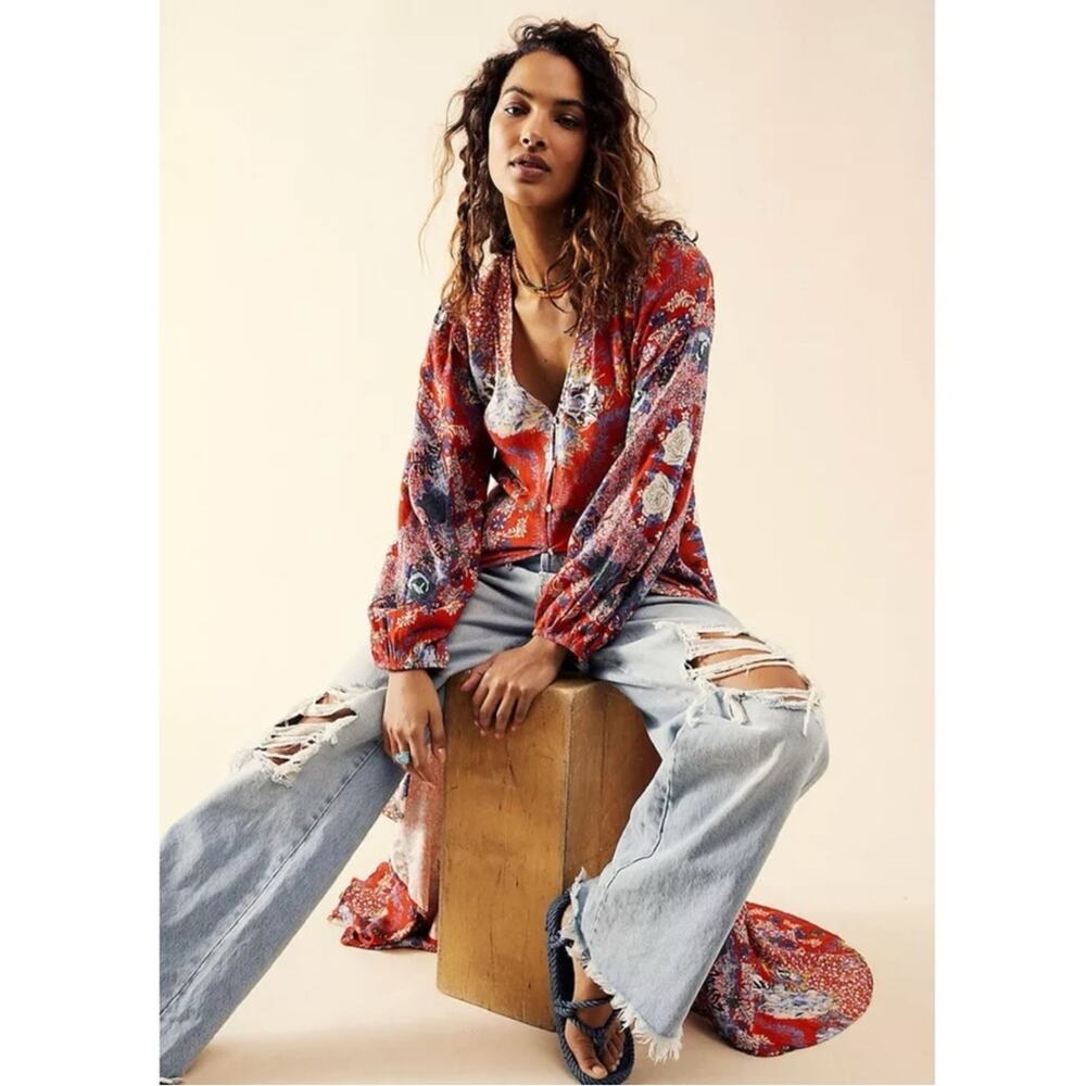 Free People Bohemian Gypsy Maxi Dress Duster Red Retro 70s Festival Size Large - Picture 9 of 14